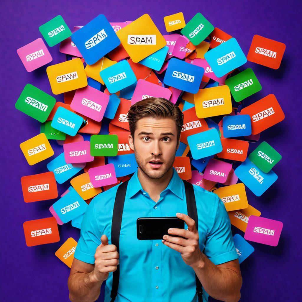 A stacked collage of a smartphone displaying blocked calls, a frustrated consumer in a modern office setting looking at spam notifications, and a shield symbolizing consumer rights, set against a vibrant tech-inspired background. Emphasize clarity and empowerment with friendly, engaging colors. super-realistic. vibrant colors. 3D.