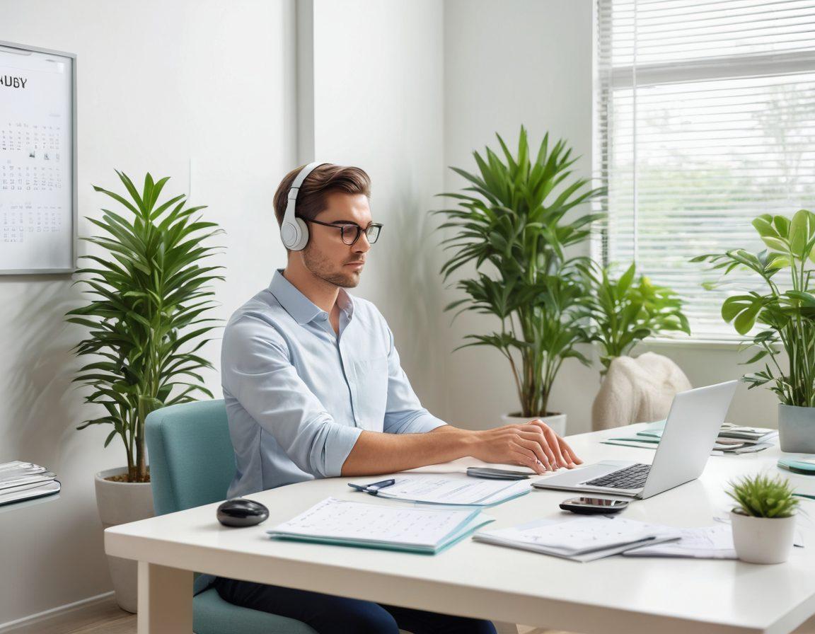 A serene workspace featuring a calm individual meditating with a phone nearby, surrounded by visuals of telemarketing and call prevention strategies like a 'Do Not Disturb' sign, a calendar marking important regulations, and peaceful greenery in the background. The color scheme should evoke tranquility and focus, with soft blues and greens. modern vector art. tranquil and calming. white background.