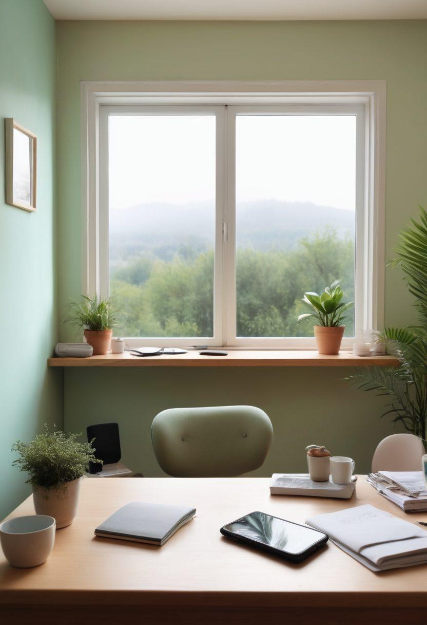 A serene workspace with a person sitting peacefully at a desk, surrounded by soundproofing materials and a phone displaying 'Do Not Disturb'. Visual representations of unwanted calls, like buzzing icons or fading sound waves, are illustrated around the phone. The background showcases a calming nature scene through a window, emphasizing tranquility. soft focus. pastel colors. minimalistic style.